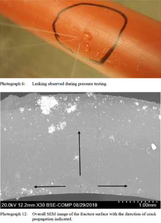 A photo of leaking plastic tubing. A SEM image indicating where the leak propagated.