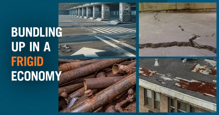 4 images of capital improvement projects like damaged scalding, rooftop, piping and concrete.