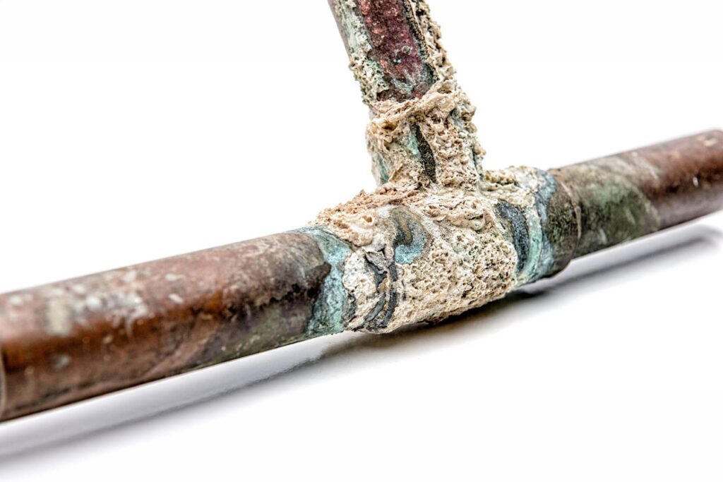 Close-up of a corroded copper pipe T-junction showing heavy white mineral deposits and green oxidation buildup.